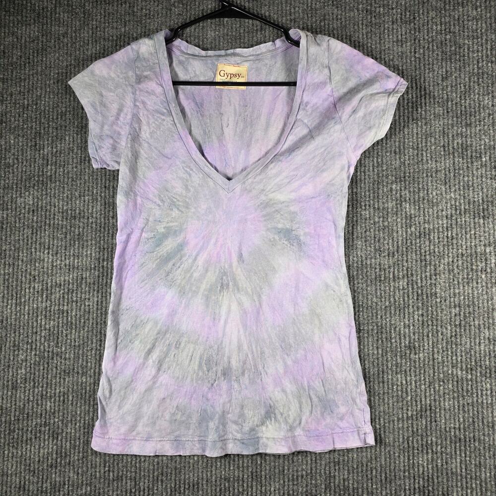 Gypsy‎ 05 Tie Dye T Shirt Womens M Purple Gray V Neck Boho Tee